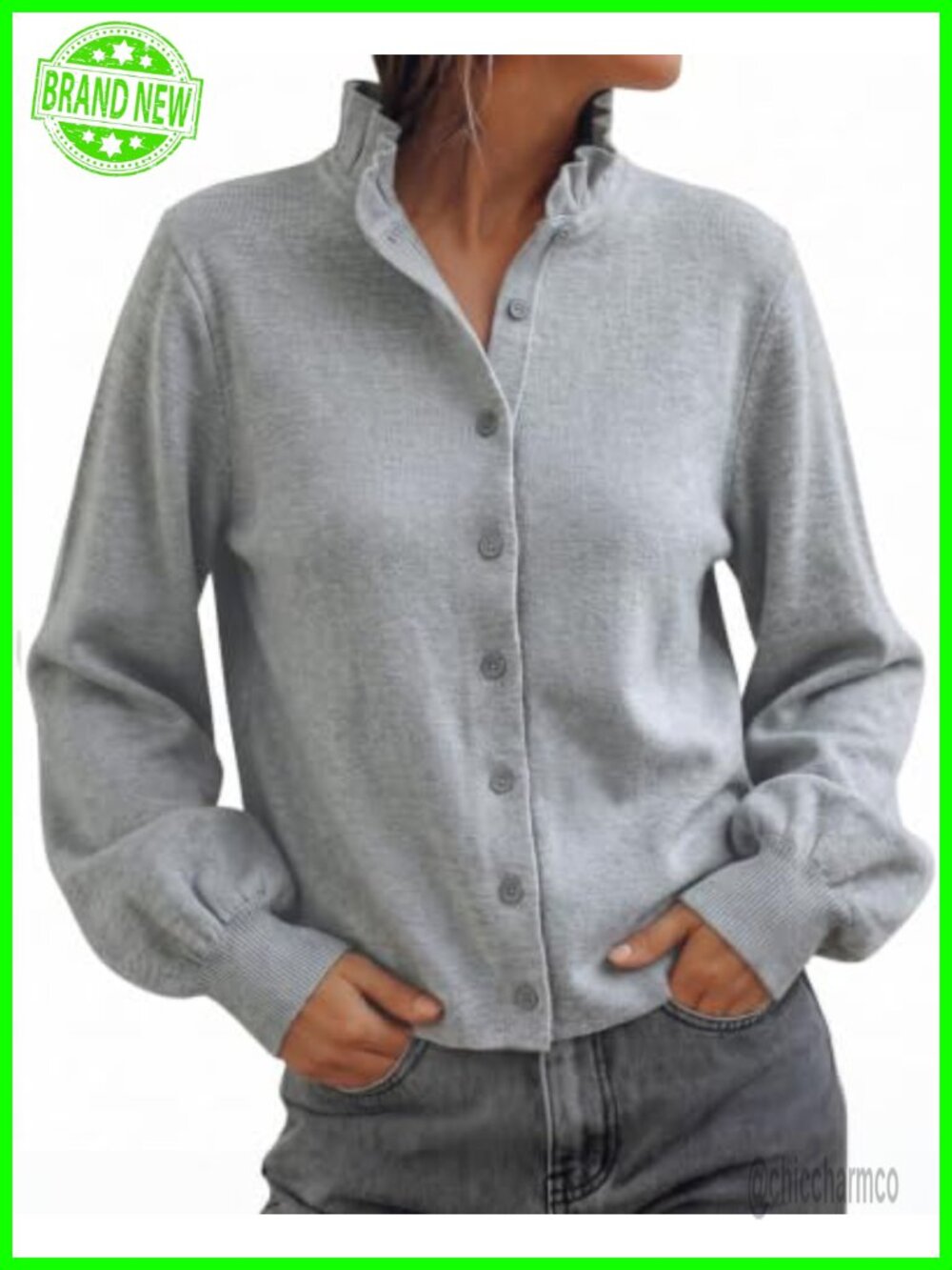 Cicy Bell Womens Puff Long Sleeve Cardigan Ruffle Collar Knit Womens Cardigan